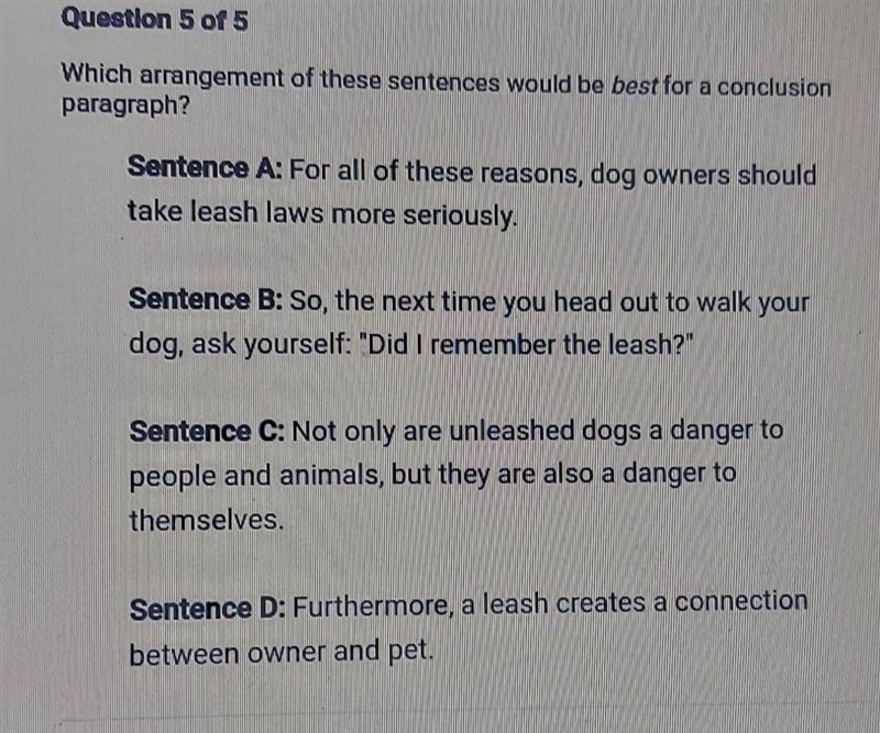 Which arrangement of these sentences would be best for a conclusion paragraph? pls-example-1