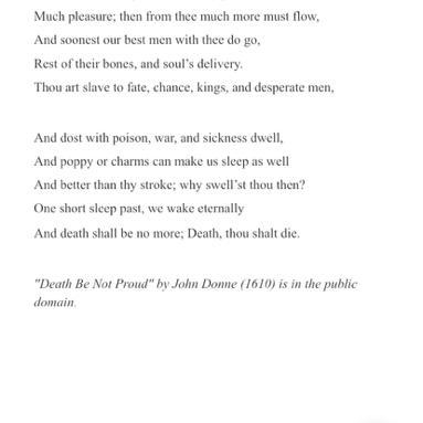 DEATH BE NOT PROUD? What is the tone of the poem? Use multiple pieces of evidence-example-1