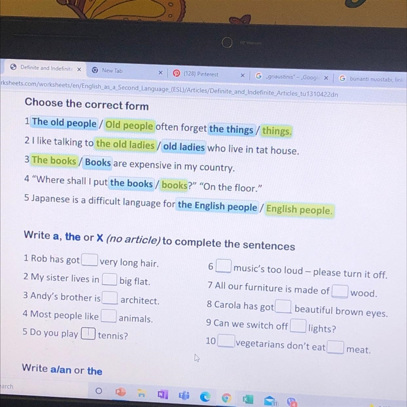 ASAP NEED HELP!!!!!! Write a, the or X(no article) to complete the sentences-example-1