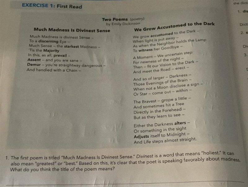 Poems (poetry) by Emily Dickinson Much Madness Is Divinest Sense Much Madness is divinest-example-1