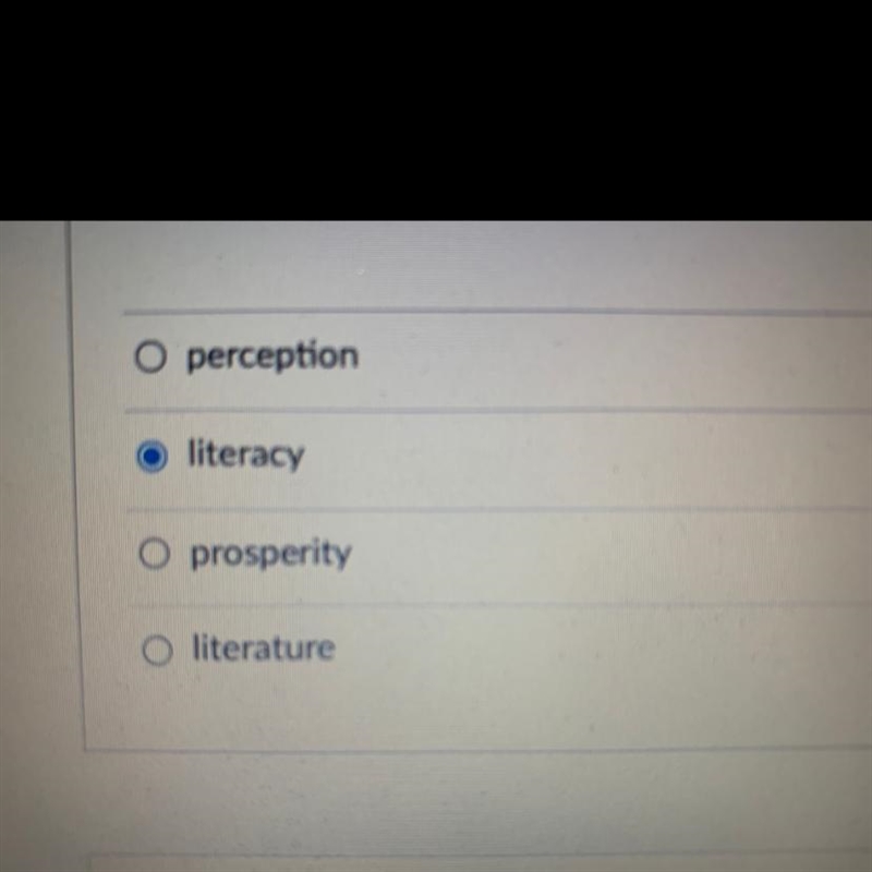 Which term refers to a person's ability to read and write? A. perception B. literacy-example-1