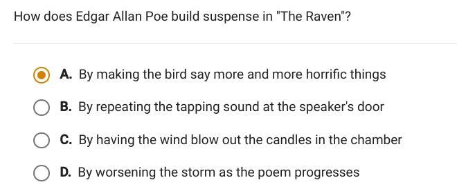 How does edgar allan poe build suspense in"the raven"?-example-1