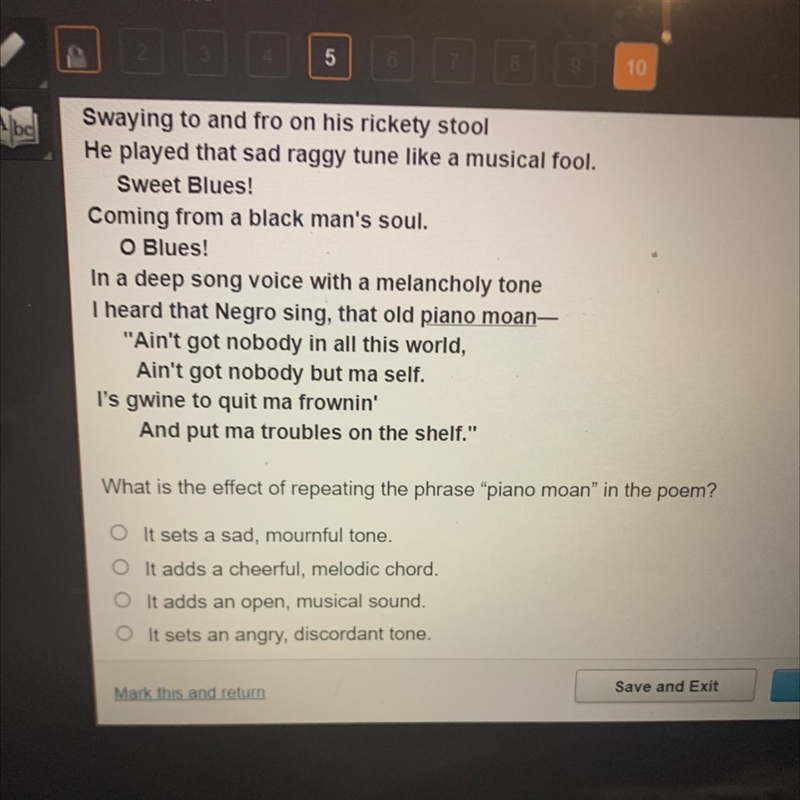 What is the effect of repeating the phrase “piano moan” in the poem-example-1