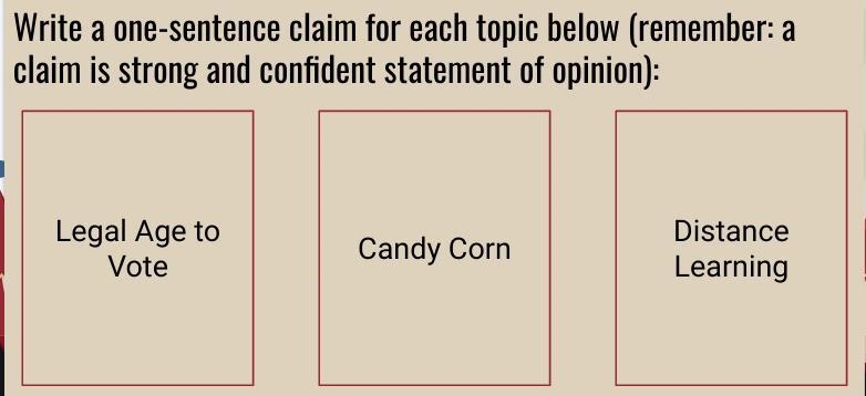 Write a one-sentence claim for each topic below (remember: a claim is strong and confident-example-1