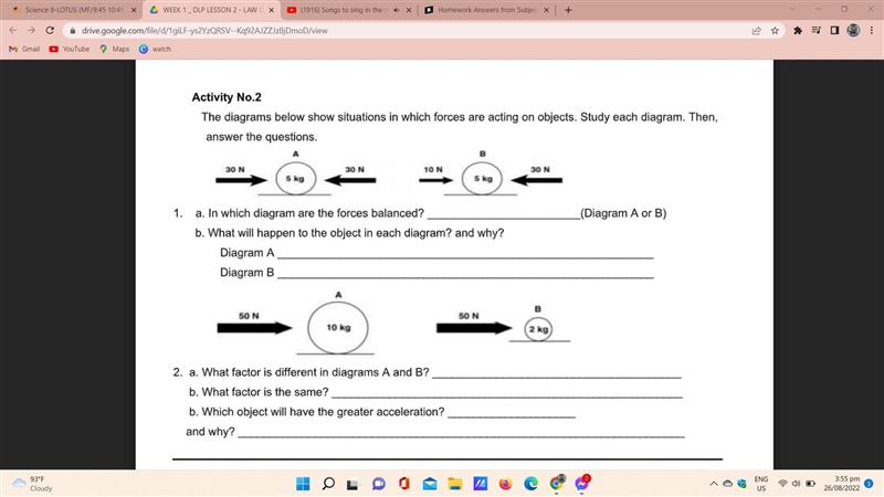 The diagrams below show situations in which forces are acting on objects. Study each-example-1