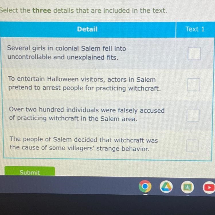 PLEASE HELP!! Read a text about the Salem witch trials. - In 1692, two girls living-example-1