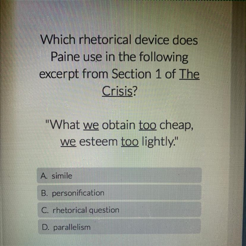 Which rhetorical device does Paine use in the following excerpt from Section 1 of-example-1