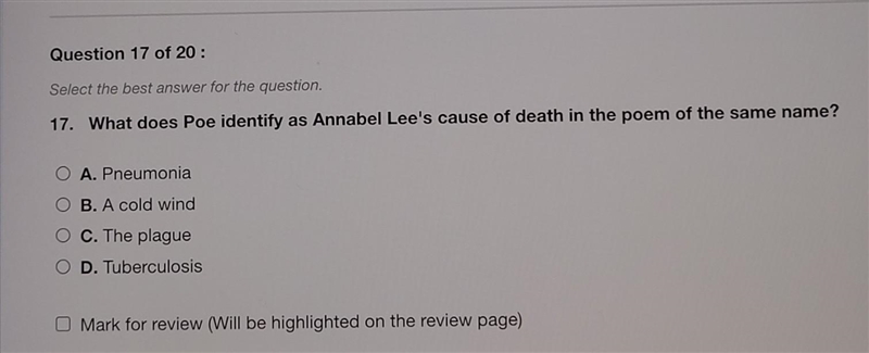 What does Poe identify as Annabel Lee's cause of death in the poem of the same name-example-1