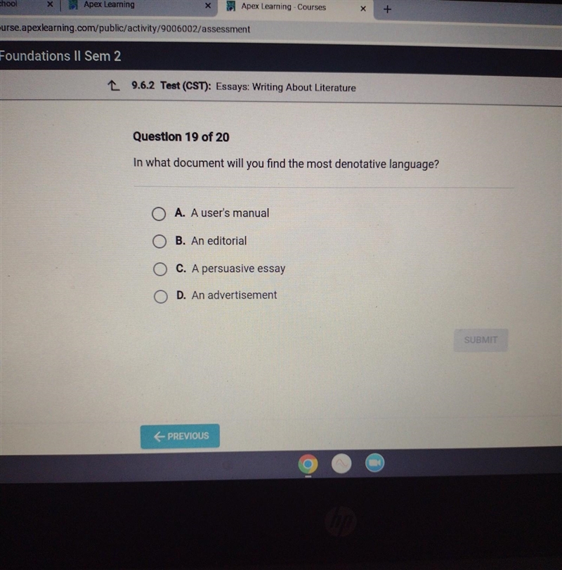 PLEASE HELP ME!! IM DOING MY FINALS RN!! In what document will you find the most denotative-example-1