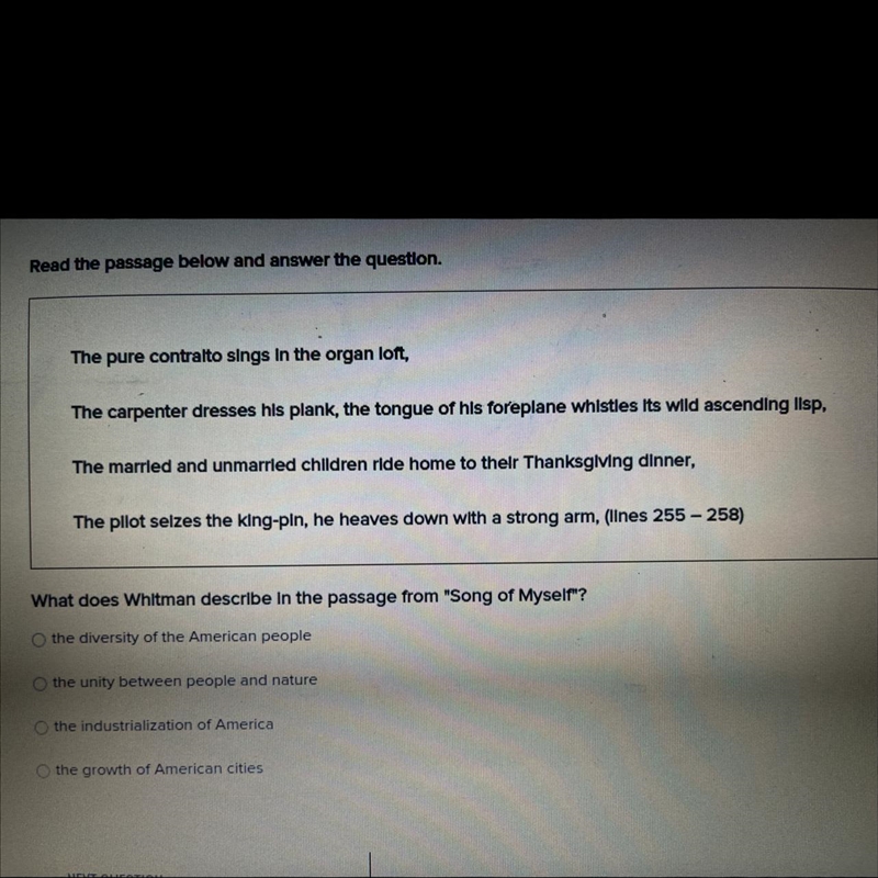 Please help 50 points What does Whitman describe in the passage from "Song of-example-1