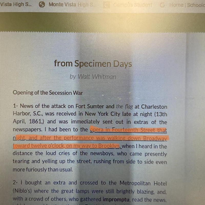 What does the underlined passage in section one of "Specimen Days" use to-example-1