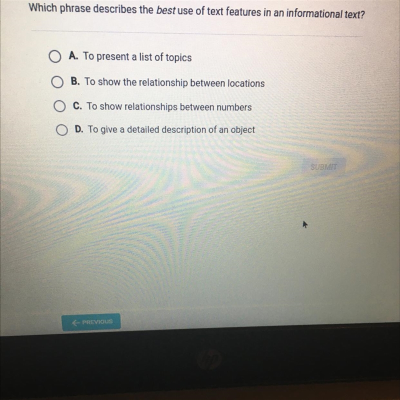 Question 8 of 10 Which phrase describes the best use of text features in an informational-example-1