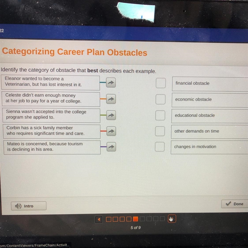 Identify the category of obstacle that best describes each example. Eleanor wanted-example-1