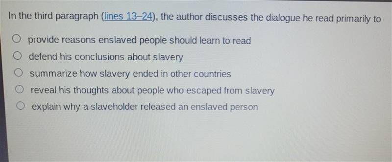 In the third paragraph (lines 13-24), the author discusses the dialogue he read primarily-example-1