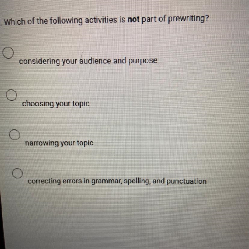 Which of the following attivities is not part of prewriting?-example-1