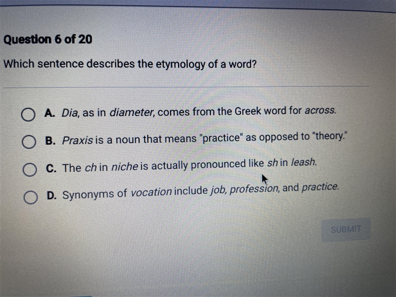 Need help!!! Which sentence describes the etymology of a word?!?! Ape-x!!-example-1