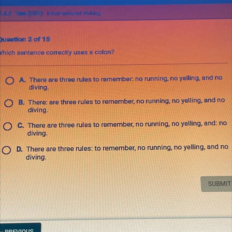 Which sentence correctly uses a colon? .-example-1