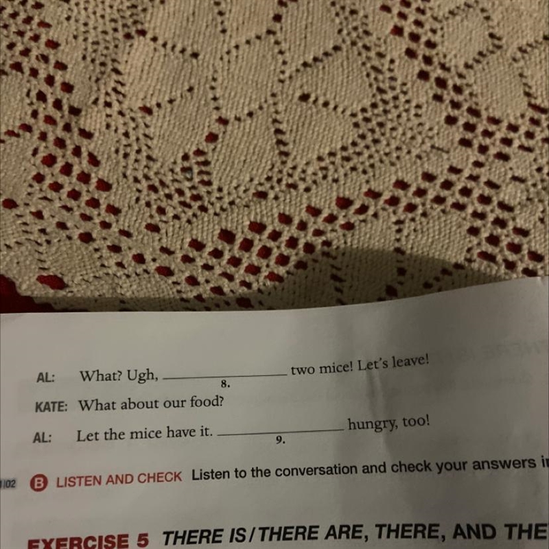 Complete the conversation. Use there's, there are, there isn't, there aren't, they-example-1