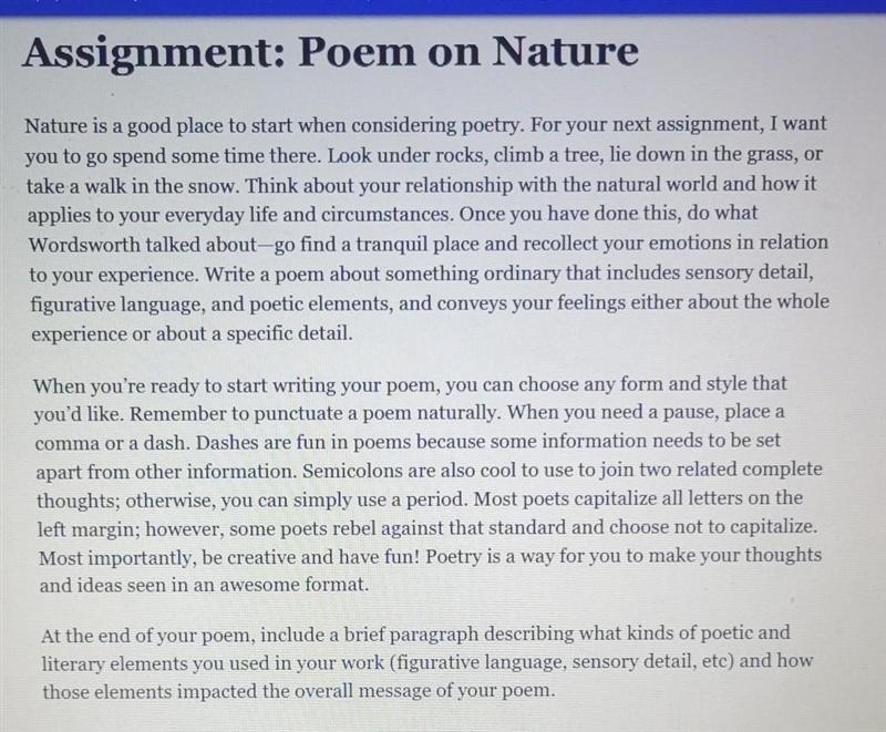 CAN SOMEONE PLS WRITE ME A POEM ABOUT NATURE ASAP Assignment: Poem on Nature Nature-example-1