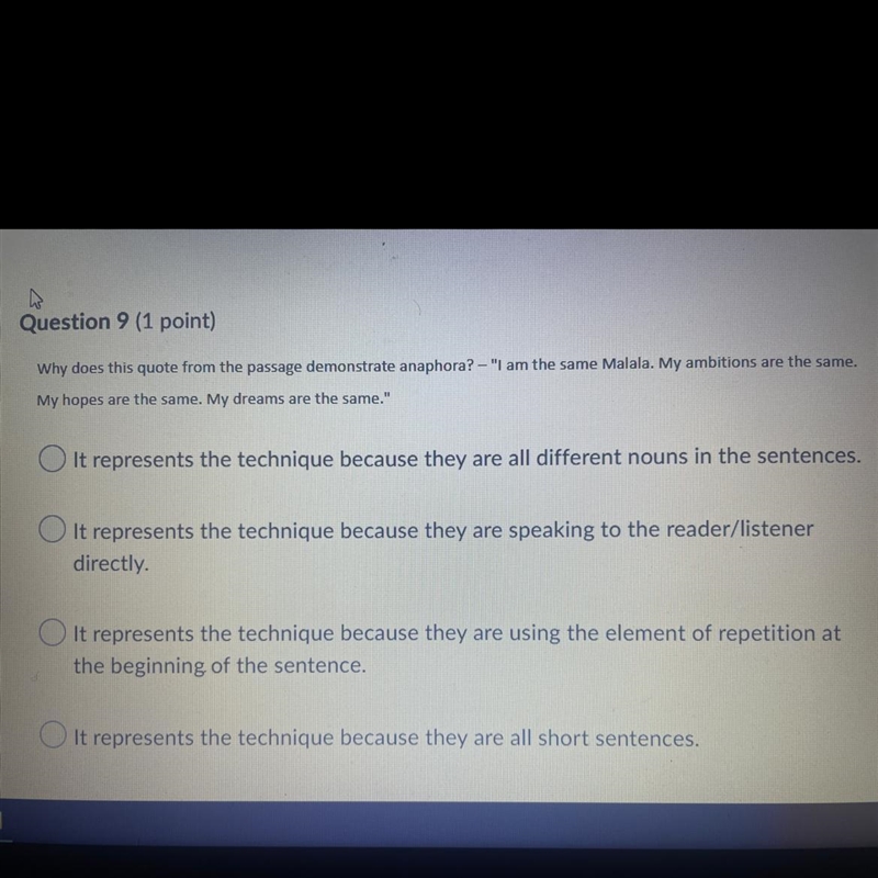 Why does this quote from the passage demonstrate anaphora? - "I am the same Malala-example-1