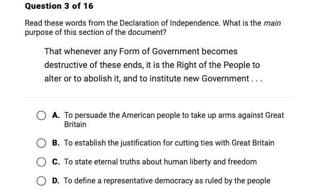 Read these words from the Declaration of Independence. What is the main purpose of-example-1