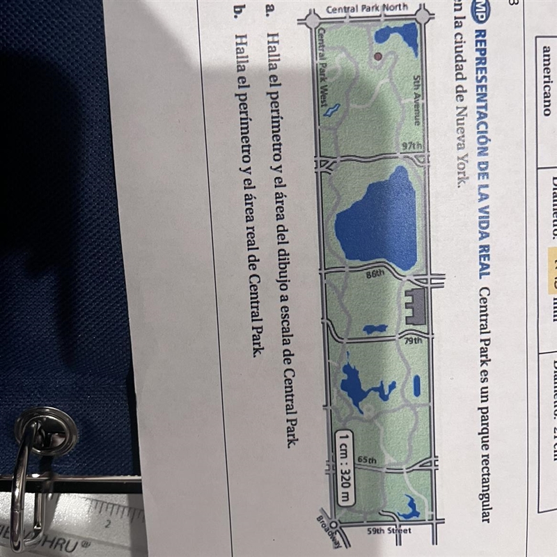 A. Find the perimeter and area of the scale drawing of Central Park B. Find the perimeter-example-1