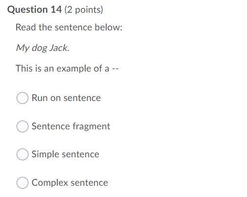 Read the sentence below: "My dog Jack." This is an example of a: A) Run-example-1