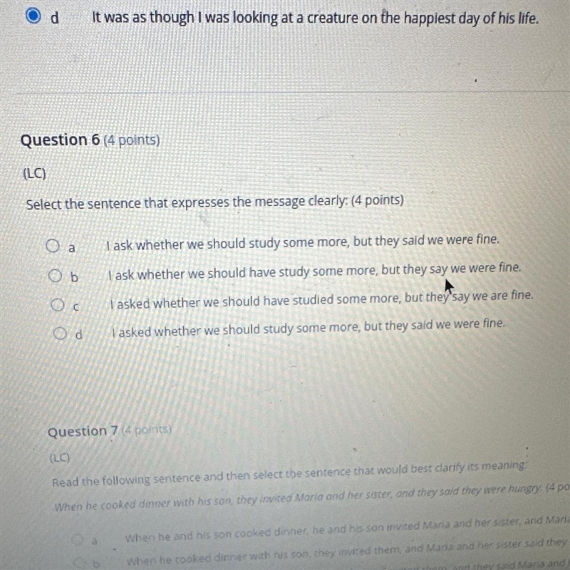 Select the sentence that expresses the message clearly: (4 points) O a Ob b Od I ask-example-1