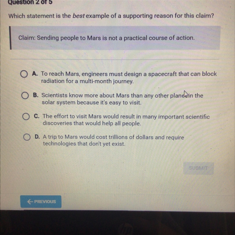 PLEASE PLEASE HELP!!!! Which statement is the best example of a supporting reason-example-1