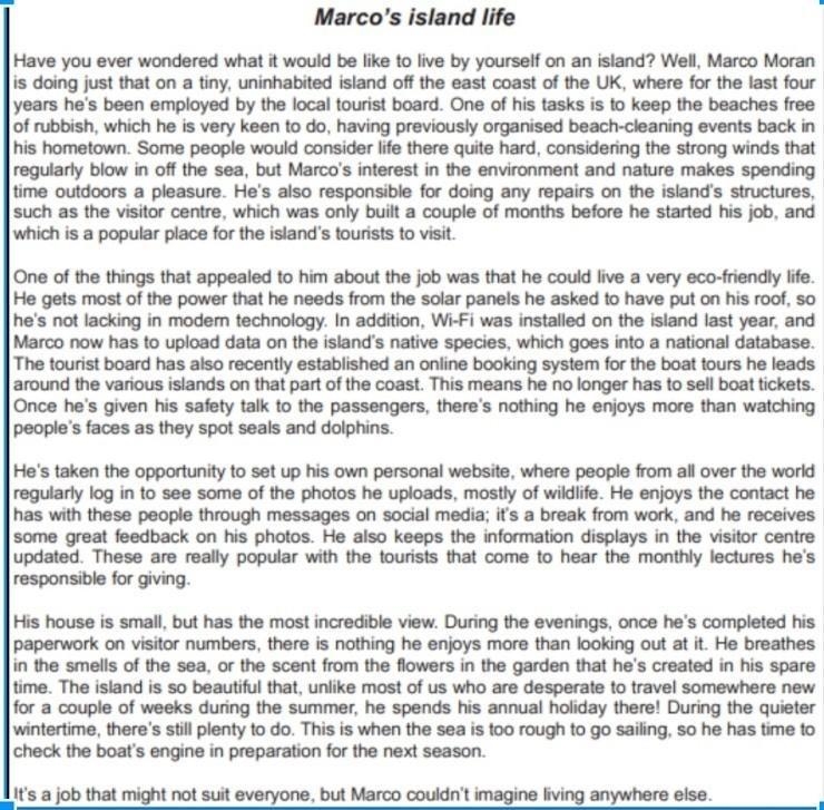 Read the article about a man called Marco who lives and works alone on a tiny island-example-1