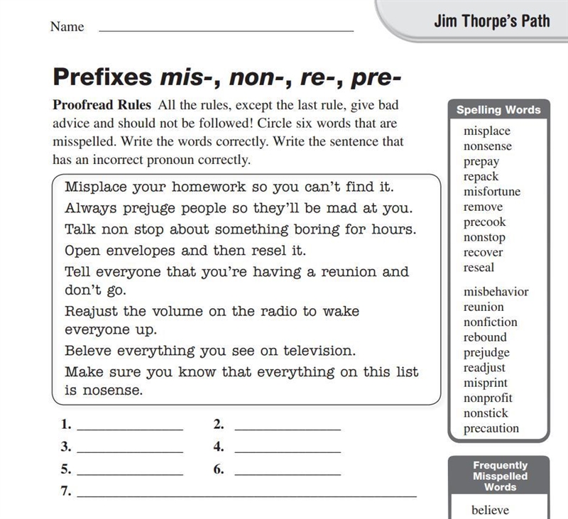 Prefixes mis-,non-,re-,pre- Reader writers notebook page 405-example-1