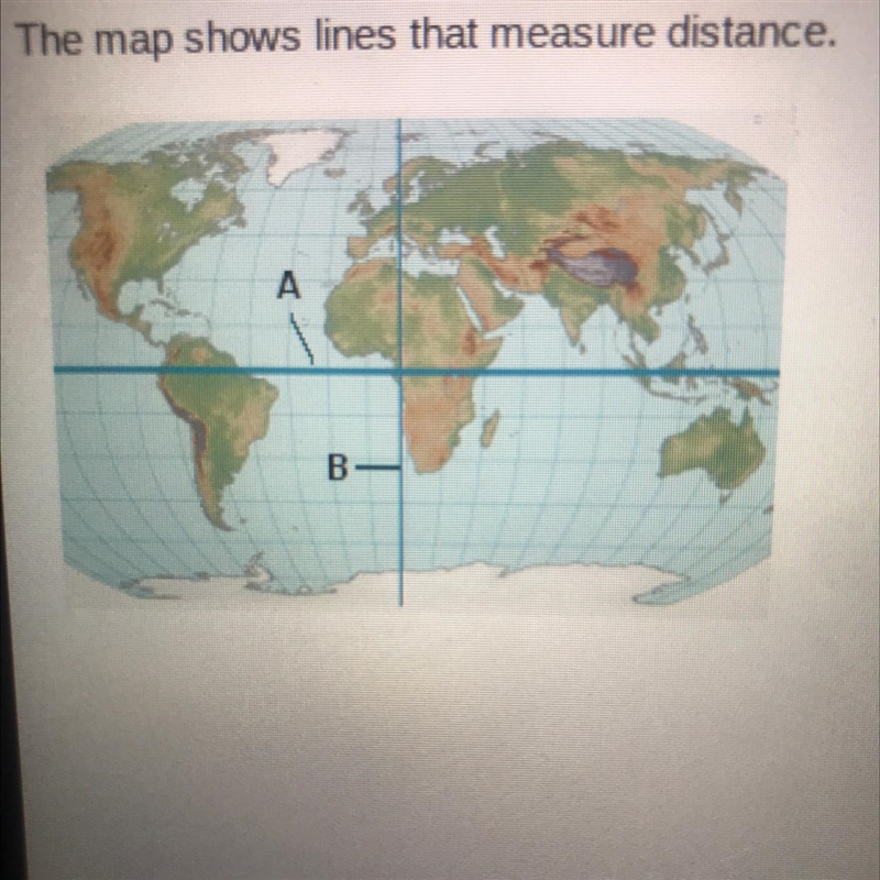 The map shows lines that measure distance. B On the map, what do the letters A and-example-1