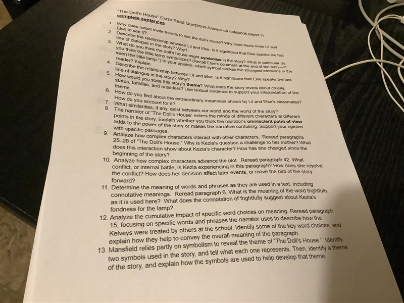 I need help answering all these questions from the story The Doll’s House By Katherine-example-1