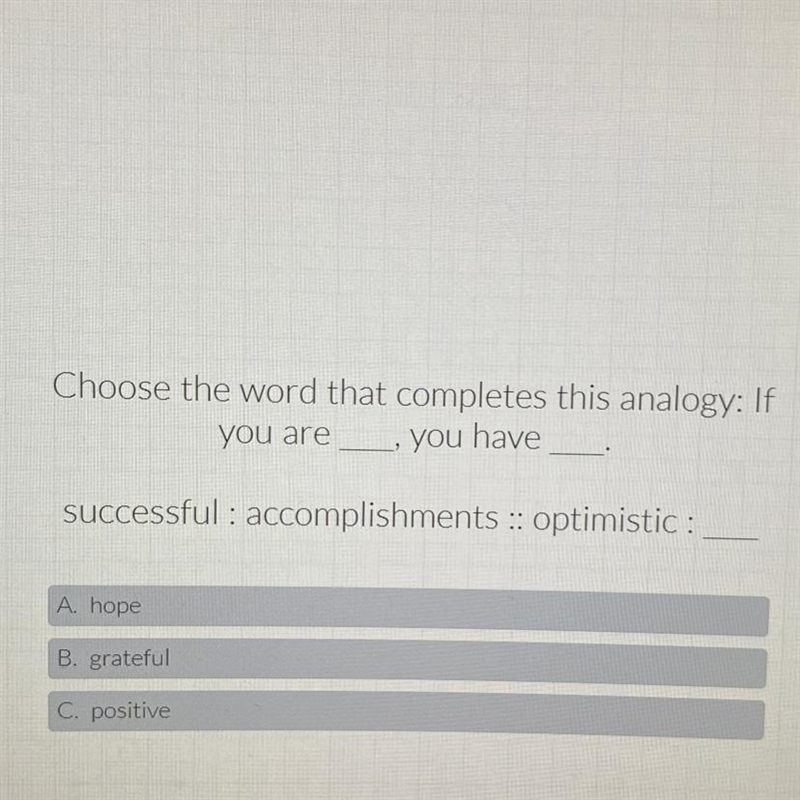 Choose the word that completes this analogy: If you are you have successful : accomplishments-example-1