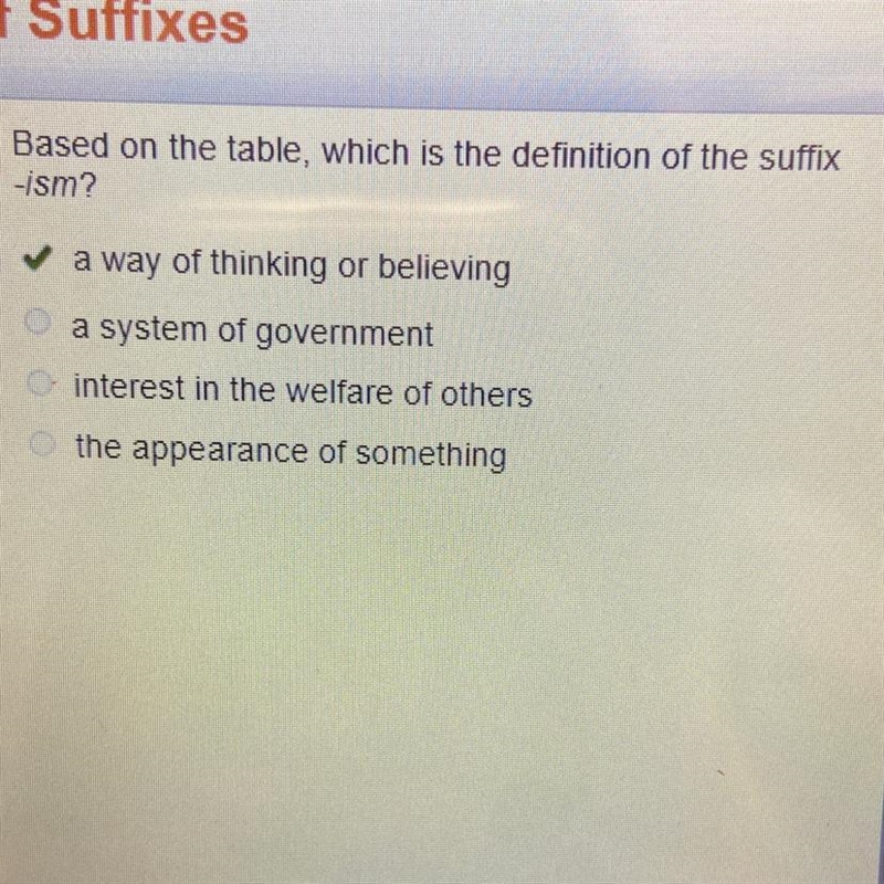 Based on the table, which is the definition of the suffix -ism? O a way of thinking-example-1