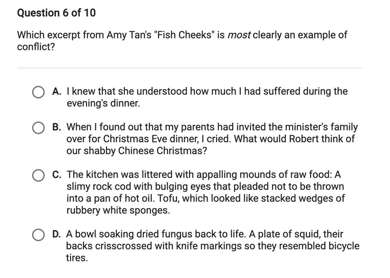 Which excerpt from Amy Tan's "Fish Cheeks" is most clearly an example of-example-1