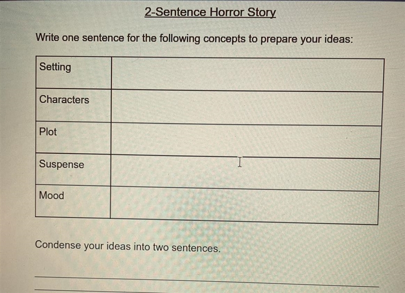 Help please????!!!!!!!!! What do you need to include in a 2-sentence horro story? 1. Setting-example-1