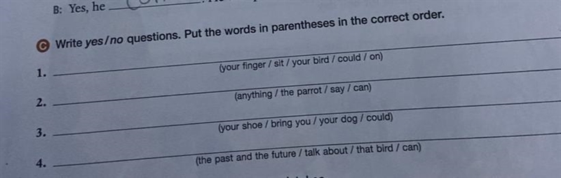 Write yes/no questions. Put the words in parentheses in the correct order.-example-1