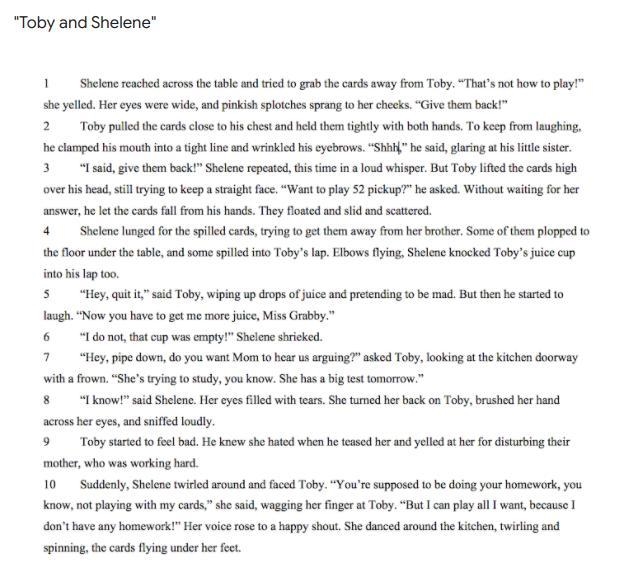 Please help! 1A. In this passage, Toby and Shelene have a sibling conflict. Pick one-example-1