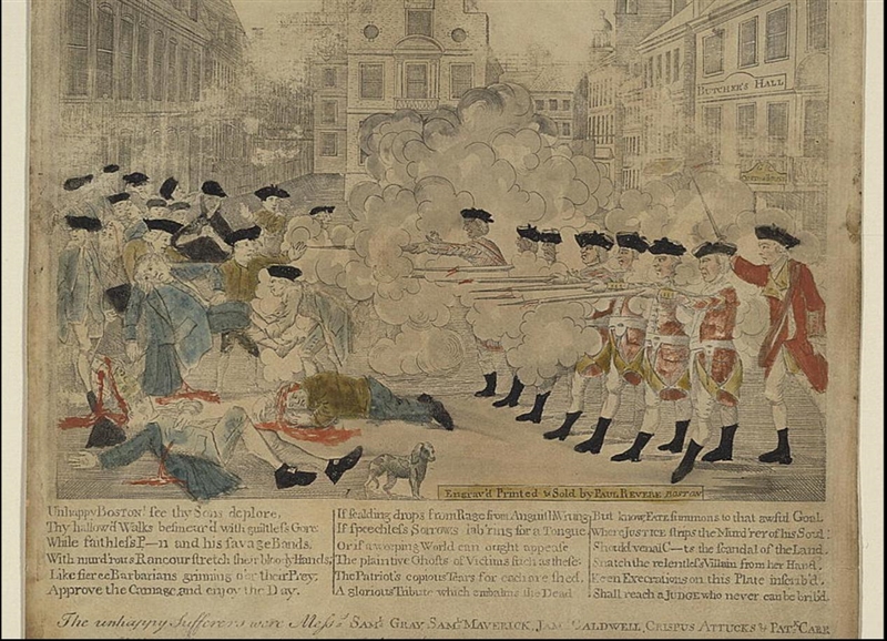 Compare the written description of the Boston Massacre to the image depicting this-example-1