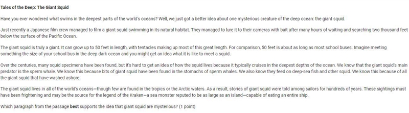 Which paragraph from the passage best supports the idea that giant squid are mysterious-example-1