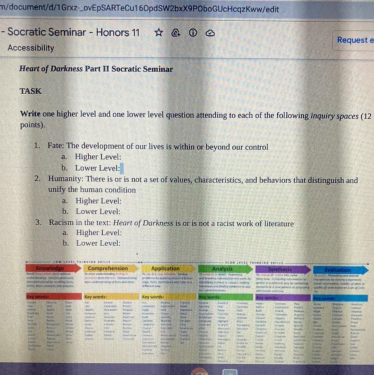 The heart of Darkness part 2 Socratic seminar Write one higher level question and-example-1