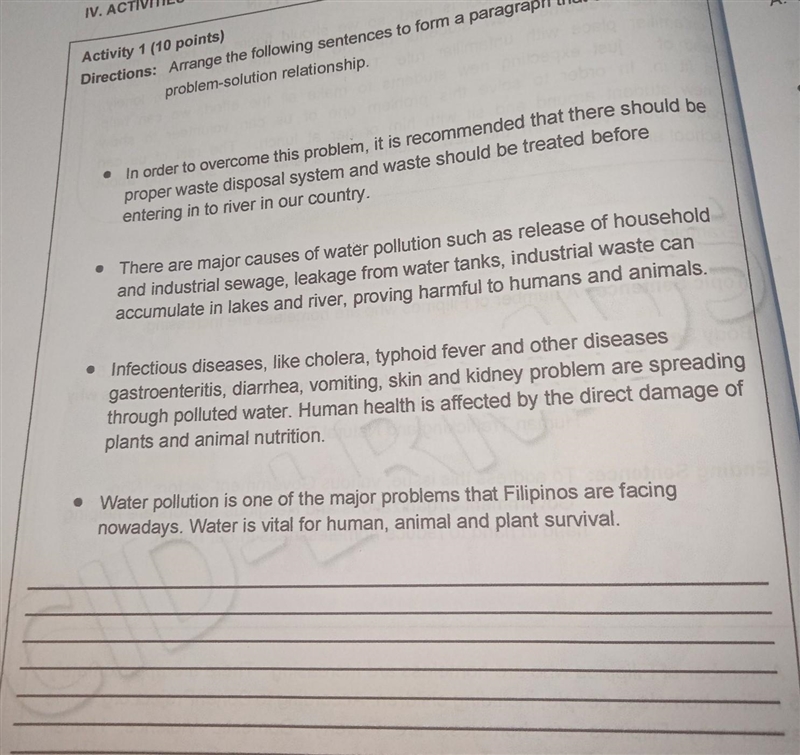 IV. ACTIVITIES Activity 1 (10 points) Directions: Arrange the following sentences-example-1