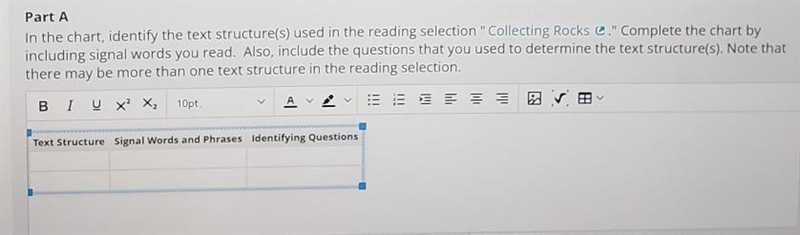 Part A In the chart, identify the text structure(s) used in the reading selection-example-1