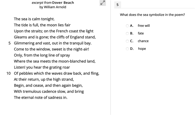 What does the sea symbolize in the poem? A. free will B. fate C. chance D. hope-example-1