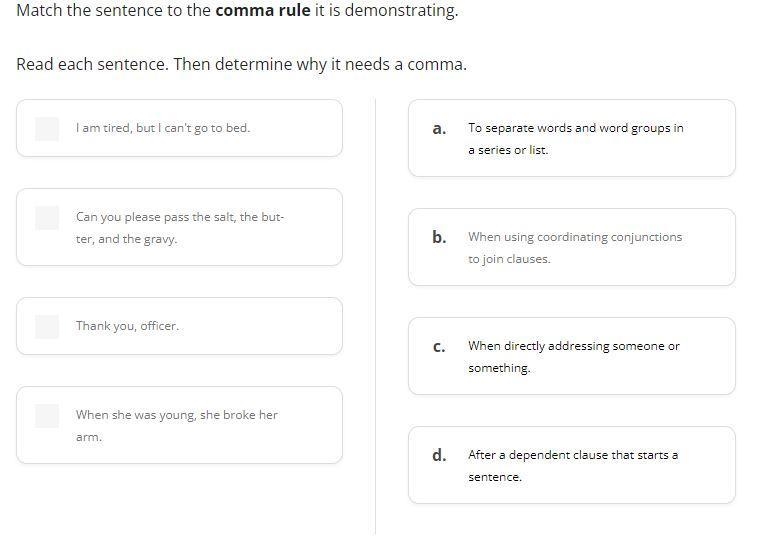 Match the sentence to the comma rule it is demonstrating. Read each sentence. Then-example-1