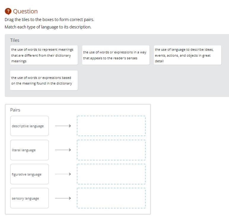 Question Drag the tiles to the boxes to form correct pairs. Match each type of language-example-1