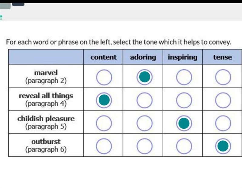 For each word or phrase on the left, select the tone that it helps to convey.-example-1