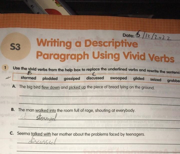 1. Use the vivid verbs from the help box to replace the underline verbs and rewrite-example-1