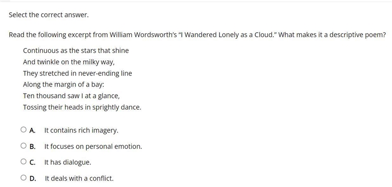 Read the following excerpt from William Wordsworth’s “I Wandered Lonely as a Cloud-example-1